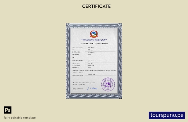 Plantilla PSD de certificado de matrimonio de Nepal listo para imprimir